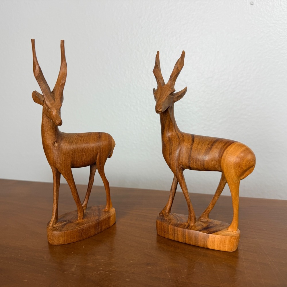 Hand Carved Gazelle Antelope Figurines Kenya‎ Africa Brown Statues Pair MCM